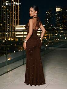 NEW IDEA Women's Elegant Sexy Brown Sparkly Halter Maxi Summer Early Fall Dress, Mermaid Formal Evening Gown For Prom, Cocktail, Night Out & Party - Brown - View 2