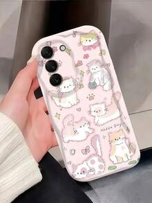 1pc Creamy Large Wave Ins Style Minimalist Full Print Cartoon Cute Rabbit & Cat Pattern Phone Case, Milky White Wave Texture Full Coverage Soft Shell Compatible With Samsung, Series Phones - White - View 5