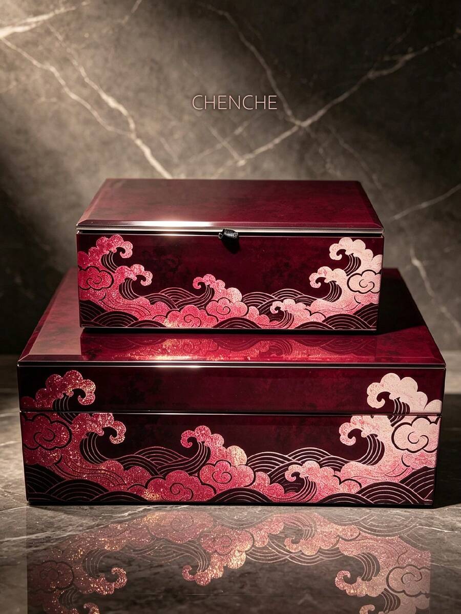 2件組大容量中式印花玻璃珠寶盒,黑色天鵝絨內襯長方形復古裝飾配件收納盒,適用臥室梳妝台,婚禮節日禮物 - Royal Crimson Wave - 查看 1