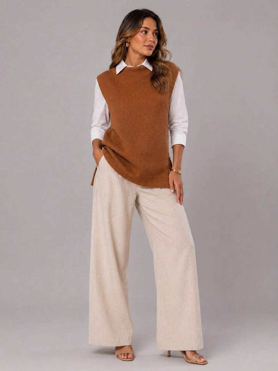 Max Fang Women's Knit Vest With Side Slits - Camel - View 1