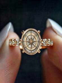 Vintage Compass Oval Gemstone Rose Gold Ring, Rhinestone Nautical Travel Art Painting Ring, Graduation Commemorative Journey Theme Fashion Ring Gift For Women And Girls - Gold - View 7