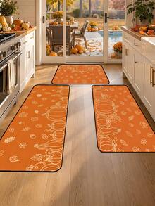 1/16pcs Autumn Theme Doormat/Thanksgiving Door Mat, Orange Background With Pumpkin And Maple Leaf Pattern, Autumn Harvest Season Decorative Mat, Welcome Mat/Kitchen Rug, Stain-Resistant Doormat, Autumn Party Decoration - Multicolor - View 1