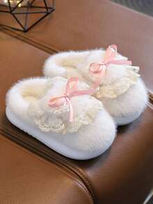 Children's Girls Indoor Fuzzy Bedroom Slippers, Closed-Toe Princess Style, For Toddlers, Middle Kids And Big Kids, Autumn/Winter - White - View 5