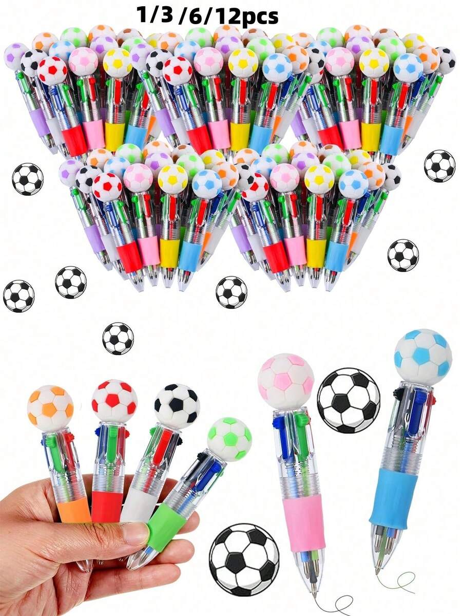 12/6/3/1pc Mini Football Pen Set, 4-In-1 Multi-Color Pen, Fun Fashion Sports Theme Stationery, Suitable For Sports Enthusiasts, Creative Gift, Mixed Ink Office Supplies, Holiday Birthday Party Gift Filler - Multicolor - View 1