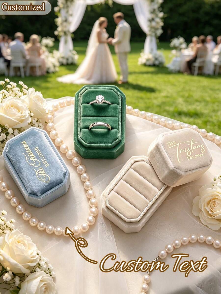 個性化天鵝絨婚戒盒,客製化雙槽戒指承托架,求婚戒指盒,獨特雙戒盒,手工珠寶收納盒,客製化婚禮周邊,婚戒架,戒指盒,送給她 - 彩色 - 查看 1