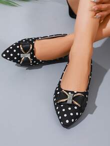 Women's Pointed Toe Bow Rhinestone Slip-On Shoes, Black And White Polka Dot Fabric, Suitable For Daily Wear And Office Wear - Black - View 3