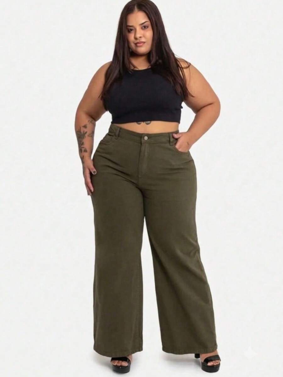 Women's Plus Size Wide Leg Jeans, Sizes 46 To 54, Premium Quality - 軍綠色 - 查看 1