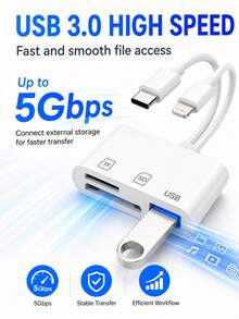 huaxunyuan 1 buah Adaptor USB Pembaca Kartu SD 3-in-1, dengan Pembaca Kartu Memori Adaptor USB 3.0 Kartu SD/TF, Kompatibel dengan MacBook/Smartphone Seri 17 Pro Max/17 Pro/17/Air/16/15/14/13/12/11/XS/XR/8/7/6, Pasang dan Mainkan - Putih - View 4