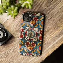 Portuguese Ceramic Tile Phone Case, Colorful Azulejo Pattern  Case, Mediterranean Inspired Phone Cover, Blue & Terracotta Floral Case - 白色 - 查看 5