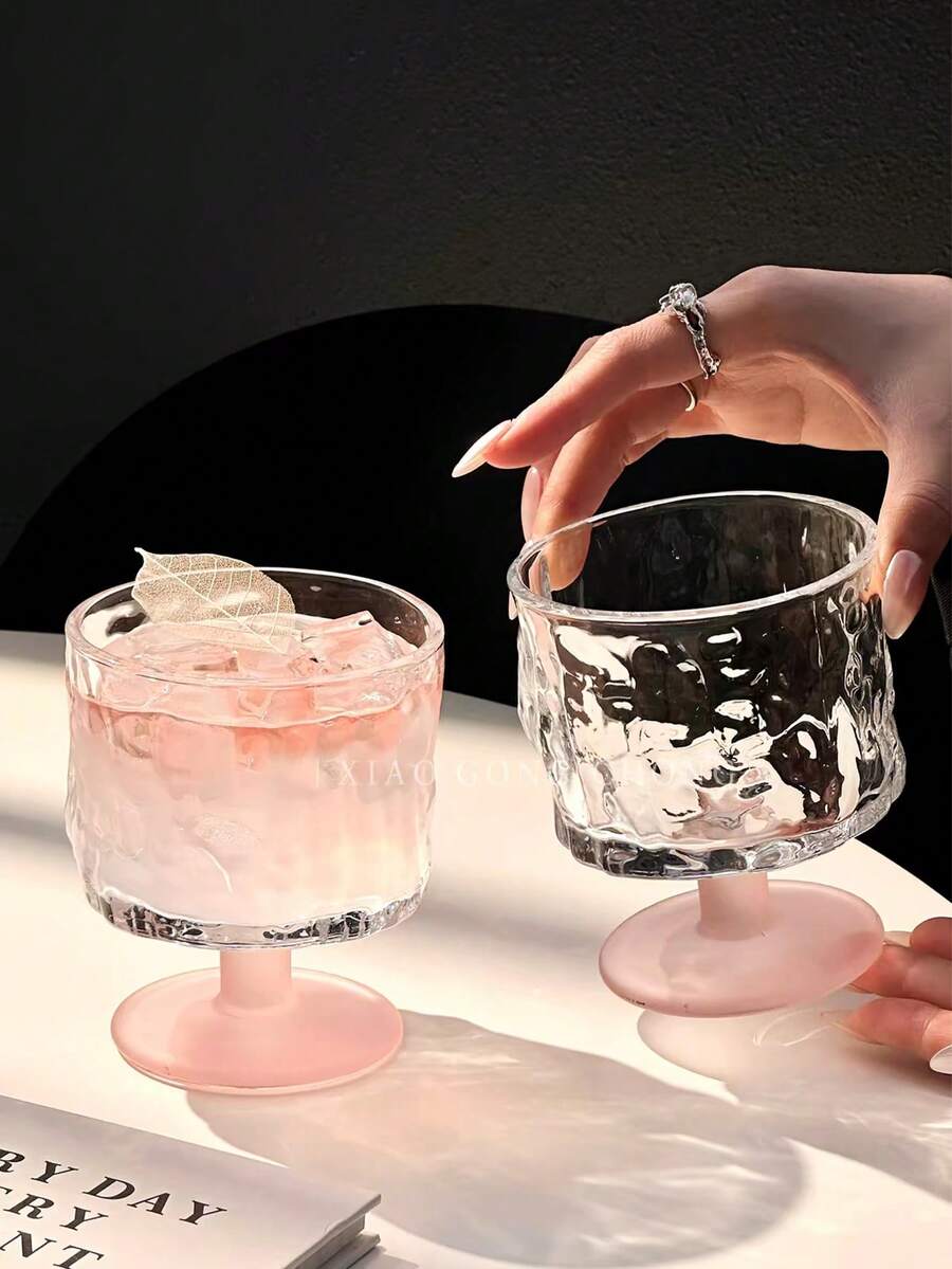 1pc Premium Creative Pink Frosted Textured Glass Cup, Dessert Cup, Wine Glass, Beverage Cup, Juice Cup With High-End Feel And Texture, Thickened Glass, Embossed Stemware, Suitable For Home, Bar, Milk Tea Shop, Cafe, Restaurant, Also As Back To School Gift