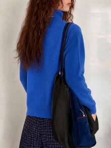 Jaket Kardigan Rajut Kasual Minimalis Wanita Musim Gugur/Dingin - Biru - View 2