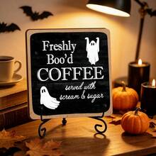 4pcs Halloween Fun Ghost Coffee Theme Wooden Desktop Decor, Vintage Black & White English Bar Tiered Tray Decorative Wooden Signs, No Base, Holiday Home Decor, Also Suitable As Gifts, 2D Flat - Ornament - View 3