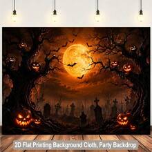 2d Flat Background Cloth, Halloween Pumpkin And Cemetery Scene Background Cloth, Wooden Wall, Hanging Ivy, Butterfly, Flowerpot, Shelf, Banner Background Suitable For Indoor Photo, Very Suitable For Halloween Banner Background. - 1 - View 7