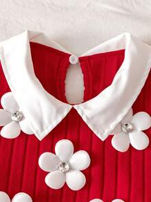 Girls' Autumn/Winter Red-Tone 2 Pieces Set, Peter Pan Collar 2 In 1 Long Sleeve Top With Rhinestone Embellishments, 3D Floral Vertical Textured Stretch Flare Pants, Versatile For Outings And Daily Wear - Red - View 3