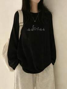 Women's Fashion Autumn/Winter Loose Minimalist Versatile Cartoon Cat Print Long Sleeve T-Shirt - Black - View 6