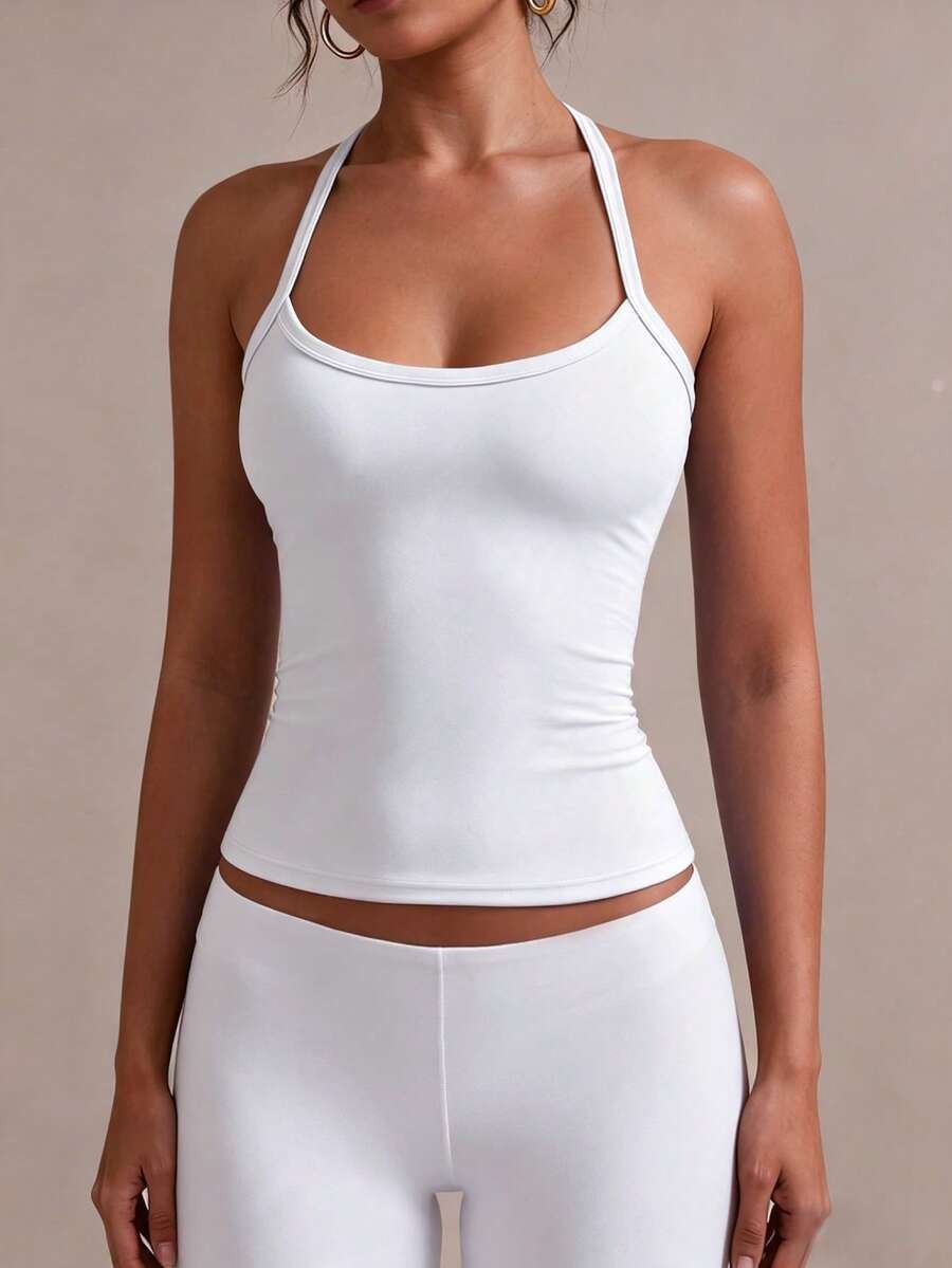 XLLAIS Women's Minimalist Solid Color Criss-Cross Backless Elastic Sports Fitness Camisole Tank Top, Summer White Casual - White - View 1