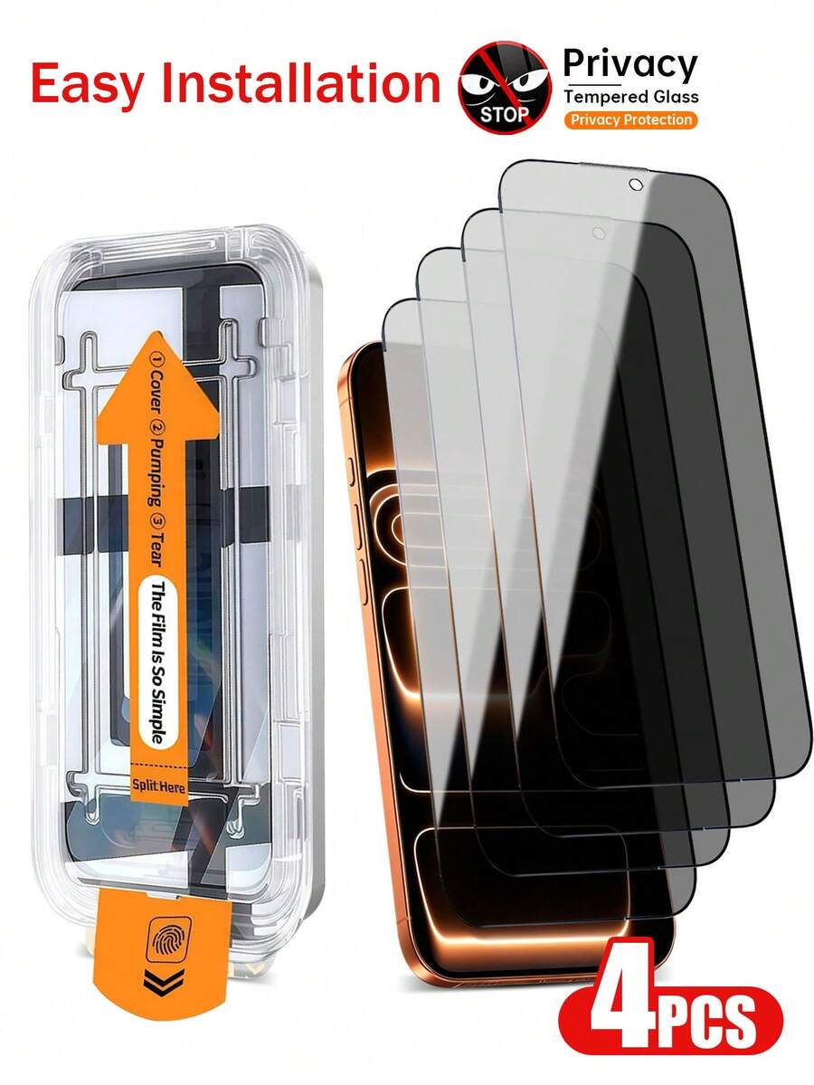 4片裝隱私鋼化玻璃螢幕保護貼,相容 iPhone 18 Pro Max/18 Pro/17 Pro Max/17 Air/17/15 Pro Max/16 Pro Max/16/16e/15/14/13/13 Pro/12/11,防偷窺,易安裝,附自動除塵工具,一鍵貼合,防刮耐磨,表面光滑,隱私保護,防塵,手機螢幕保護貼 - 4Pcs - 查看 1
