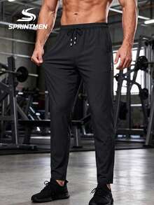 1pc Light Gray Men's Sports Pants, Cool & Comfortable Drawstring Elastic Waist Casual Cropped Pants, Polyester Material, Lightweight & Breathable Summer Pants, Casual Sports Style, Machine Washable, Summer Boyfriend Style, Suitable For Commuting, Running, Fitness, Essential Men's Long Pants - Black - View 2