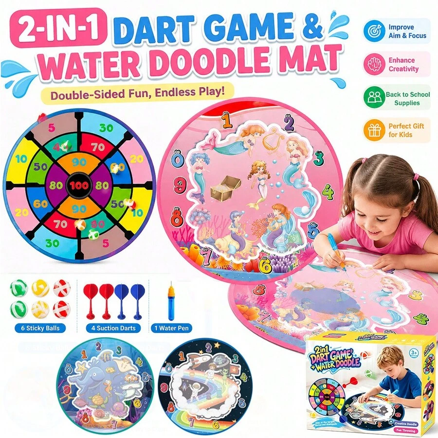Set 2-in-1 Alas Lukis Air dan Papan Dart, Alas Gambar yang Dapat Digunakan Kembali dengan Papan Dart Bola Lengket, Mainan Edukasi untuk Kembali ke Sekolah, Hadiah Pesta