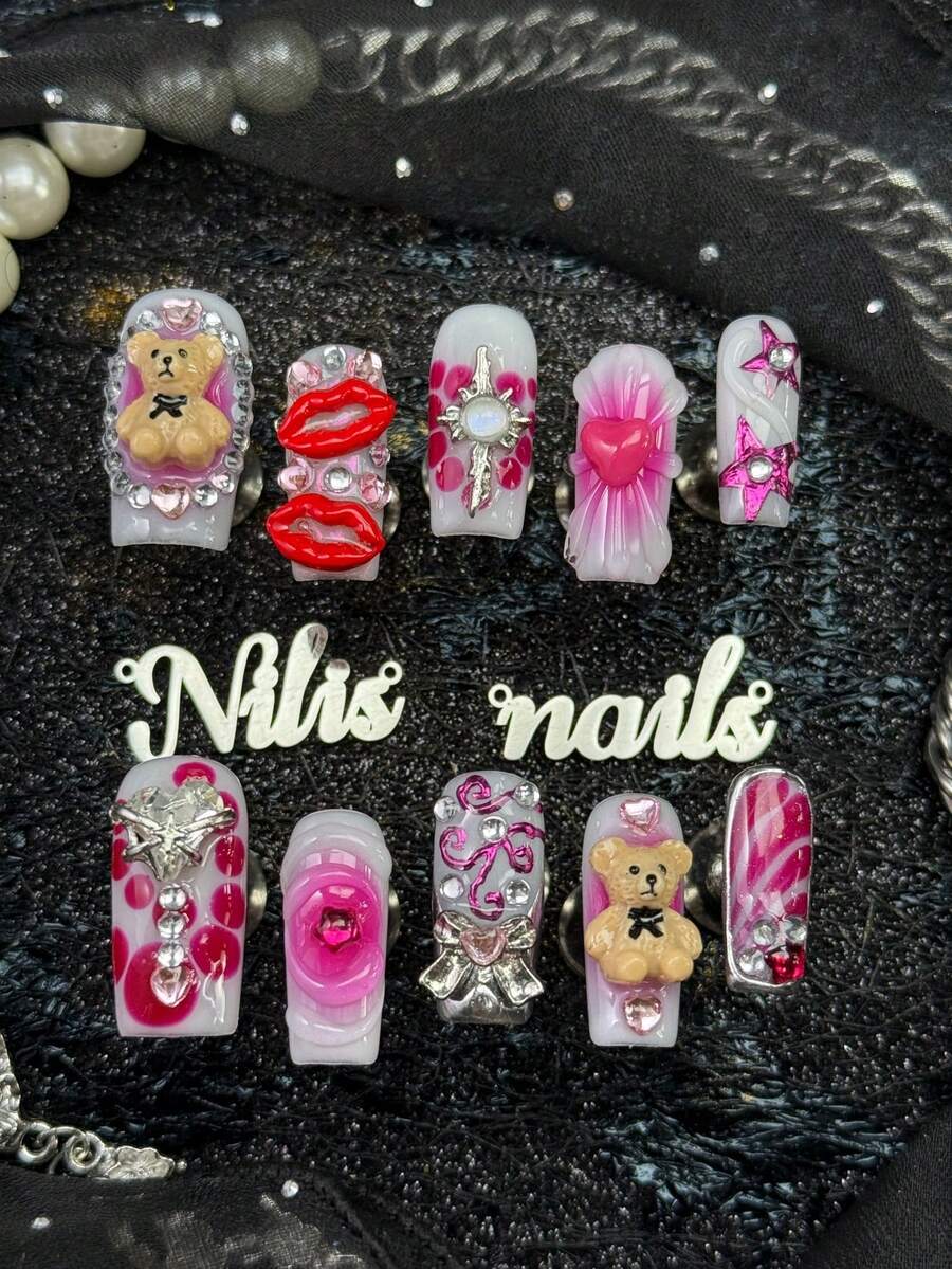 10pcs Handmade Fully Covered Square Nails Press On Nails,Hot Pink Tie Dye,Cute Y2K Sweet Girly Fake Nails,Reusable False Nails Set,Suitable For Party,Dance,Daily Wear, With Jelly Glue And Nail File,Lovely Kawaii Nail Art For Teen Girls Women