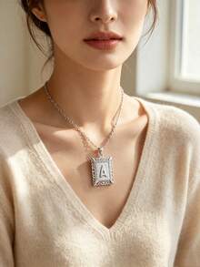 1pc Square Capital Letter Necklace, Hollow Pendant Necklace Jewelry Accessory - Silver - View 2