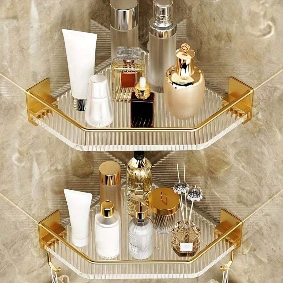 1/2pcs Bathroom Corner Shelf, No-Drill Adhesive Installation, Space-Saving Storage Rack, Easy To Install, Durable Rust-Proof Structure, Suitable For Home Decor, Room Decor, Bathroom Accessories And Bathroom Storage - Multicolor - View 1