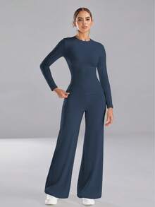 Women's Long Sleeve Slim-Fit Top And Wide Leg Pants Set, High Stretch, Breathable Two Pieces Outfit For Fall And Winter - Navy Blue - View 8