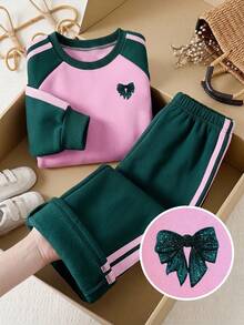 Baby Girl Bow Pattern Print Round Neck Long Sleeve Top And Pants - Pink - View 4