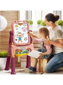 Este set de pizarra magnética infantil incluye un soporte ajustable, una pizarra blanca portátil desmontable de doble cara y 48 accesorios para dibujar y escribir, lo que lo convierte en el regalo ideal para Navidad, cumpleaños o Año Nuevo. - Rosa - Ver 6