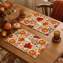 1件裝秋季南瓜與楓葉印花亞麻風餐墊，橘色與白色南瓜、紅黃落葉與枝條圖案，長方形桌墊，感恩節豐收季節農舍風餐墊，廚房餐廳居家聚會節日餐桌裝飾 - 彩色 - 查看 4