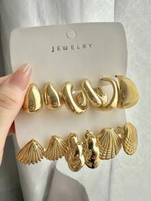 6 Pairs Minimalist Elegant Metal Earrings Set, Unique Personalized Versatile Gold Geometric C-Shaped Shell Twisted Stud Earrings, Suitable For Women's Daily, Holiday, Commute Wear - Six-piece Set B - View 6