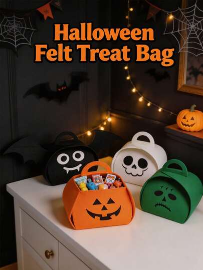 24/1pc Halloween Funny Soft Felt Foldable Candy Bag With Top Handle, Pumpkin Bat Wing Skull Print, Trick Or Treat Storage Bag, Portable Holiday Gift Tote, Party Supplies Desktop Storage Decor, Autumn