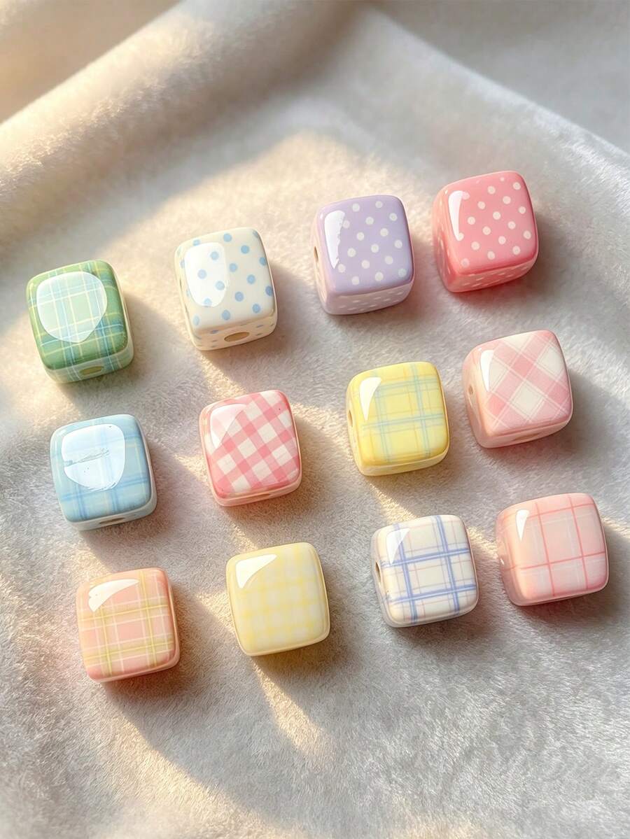 10pcs-14mm Polka Dot Style Acrylic Square Beads With Straight Hole, DIY Phone Chain, Keychain, Large Hole Loose Beads, Box Packaging, Decorative Pendant Beads, Pen