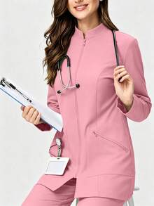 Casual Commuter Long Sleeve Zip-Up Pocket Stand Collar Scrub Jacket Workwear For Nurse, Dentist, Pet Hospital, Laboratory, Pink - Pink - View 4
