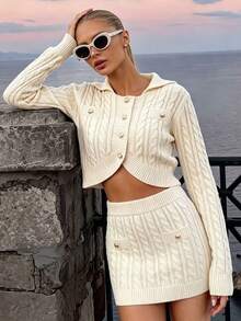 Women's 2 Pieces Knit Set, Polo Collar Cropped Cardigan With Faux Pockets And Button Decor + High Waist Mini Skirt, Cable Knit Design, Autumn/Winter Preppy Style - Apricot - View 1