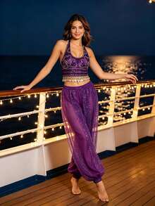 Cruise Vacation Stage Heavy Coin Embellished Halter Top Draped Sequin Mesh Harem Dance Pants (Tersedia Berbagai Warna) - MultiWarna - View 3