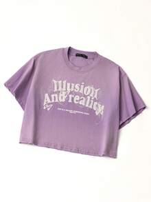 Women's Short-Sleeved T-Shirt In Ribbed, Colour-Blocked 100% Cotton With Multi-Colour Spray-Painted Distressed Design And Lettering Print - Light Purple - View 4