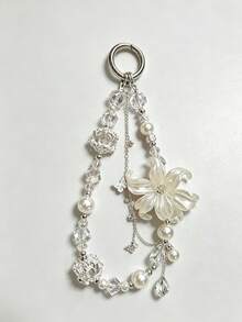 1pc White Lily Pearl Beaded Keychain With Crystal Butterfly Pendant, Delicate Handbag Charm For Girls - Multicolor - View 5