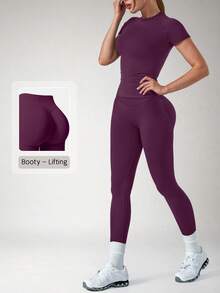 NcmRyu 1 Set Women's Solid Color Ribbed Seamless Crew Neck Short Sleeve Soft High Waist Ruched Sports Short Sleeve Leggings Set - Purple - View 11