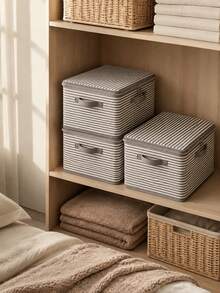 Gray And White Striped Fabric Storage Box, Full Zipper Design, Dual Fabric Handles, Foldable Dust-Proof Stackable Closet Organizer, Large Capacity Storage Container, Suitable For Clothes, Blankets, Bed Sheets, Toys, Bedroom Wardrobe, Dorm And Apartment Home Storage - Multicolor - View 2