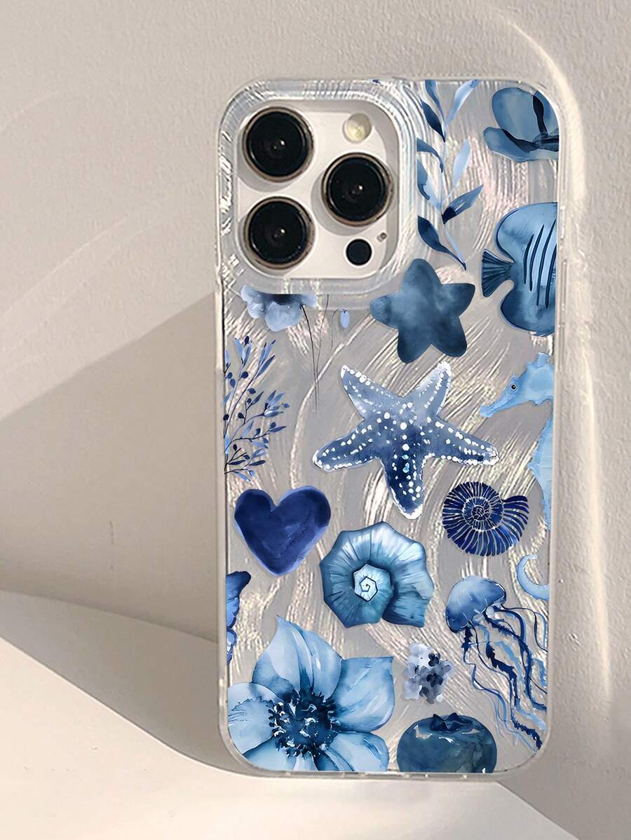 1件夏季療癒海洋生物與花卉圖案手機殼，銀色透明加厚保護殼，適用於 A05 A05S A13 A14 A15 A53 A54 A55 A56 S22 S23 S24 S25 Apple 11 12 13 14 15 16 17 Pro Max - 彩色 - 查看 1