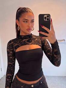 Women's Autumn Casual Sexy Pure Desire Lace Patchwork Hollow Out All-Match Versatile Long Sleeve Hot Girl Top, Going Out Top, Date, Daily Wear - Black - View 2