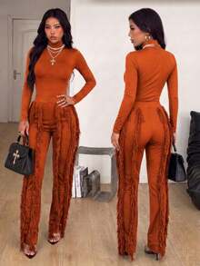 CALEBGAR Women's Sexy Two Piece Outfits Long Sleeve Fringe Pants Set Clubwear Going Out Birthday Party Night Outfits - 橘色 - 查看 3