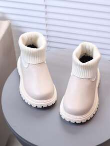 1 Pair Kids Knitted Sock Ankle Boots, Simple Fashion Autumn/Winter Soft Sole Slip-On Thick Sole Tube Boots - Beige - View 4