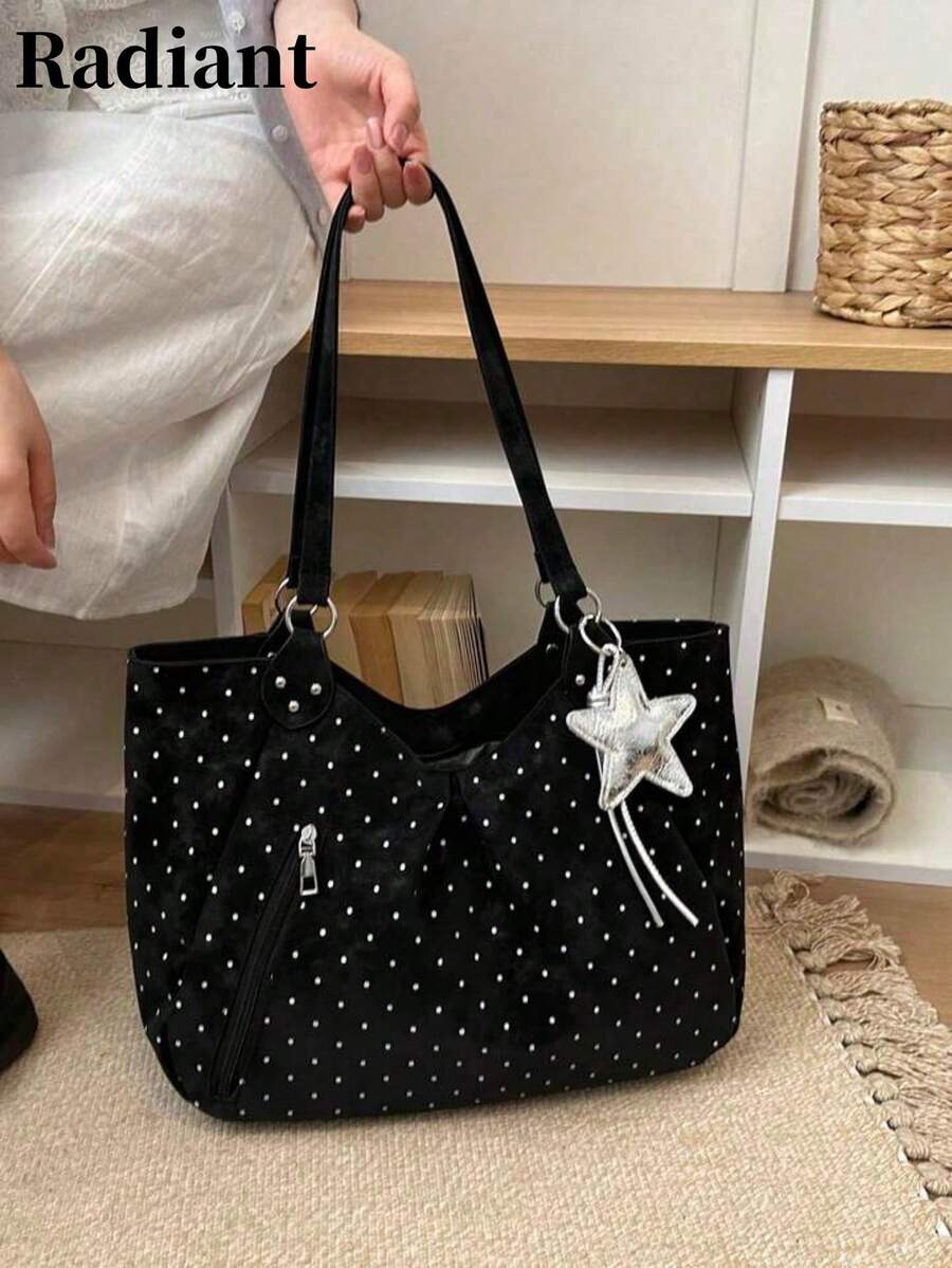1pc Black & White Polka Dot Shoulder Bag, Top Zipper + Side Zipper, Star Pendant, Large Capacity, Suitable For Women - Black - View 1