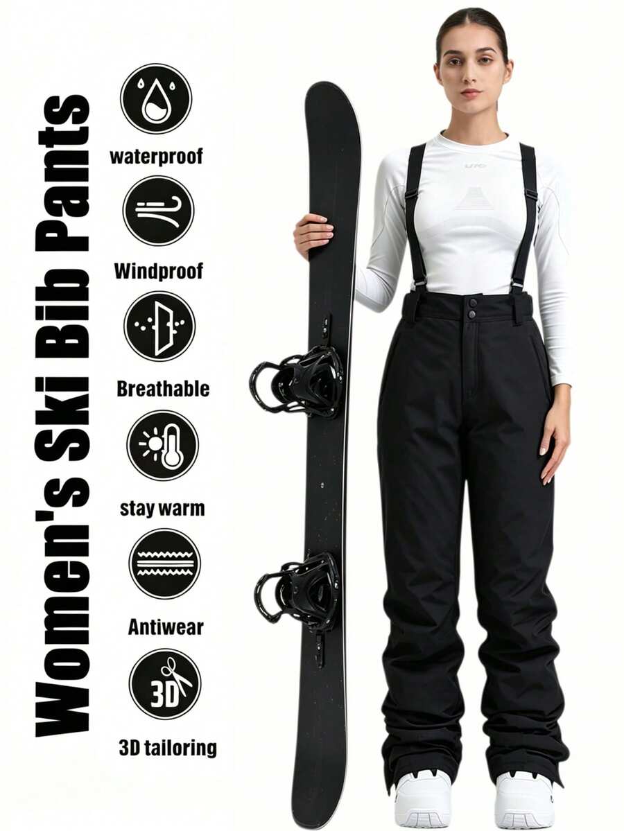 1pc Women's Loose Fit Winter Snowboard Pants, Sporty Style, With Detachable Suspenders, Suitable For Outdoor Activities, Double Skiing Gear, Warm Clothing, Reinforced Structure, Functional Snow Bib Pants, Snow Gear, Thickened, Slim Fit Ski Suit (Front Placket And Pockets Have Three Different Types Of Zippers, Randomly Shipped.) - 黑色 - 查看 1