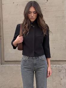Women's Solid Color Stand Collar Casual Versatile Commute Travel Blazer Black - Black - View 3