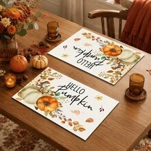 1件裝秋季南瓜楓葉植物印花仿亞麻餐墊，Hello Pumpkin長方形餐盤墊，適用於居家廚房、餐廳、感恩節派對與豐收季節餐桌裝飾 - 彩色 - 查看 4