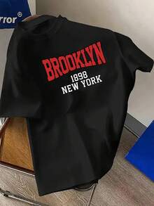Comfort Casual Crew Neck Tee For Men, 100% Cotton Short Sleeve Top In Brooklyn 1898 New York Style, Fast Local Delivery - 黑色 - 查看 3