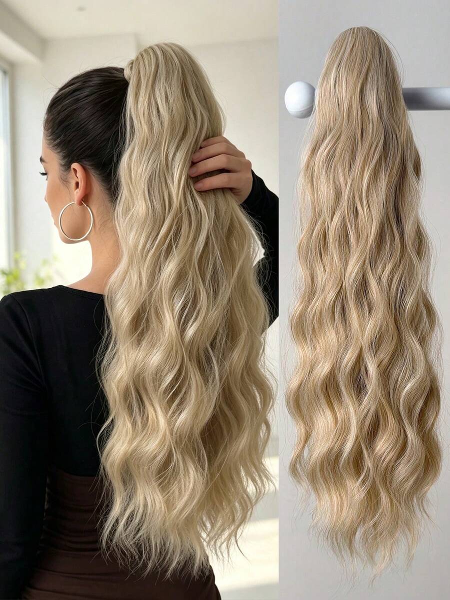 24 Inch Gold Long Natural Wave Heat Resistant Synthetic Ponytail Hair Extension, Claw Clip Design Suitable For Daily Use By Women & Girls